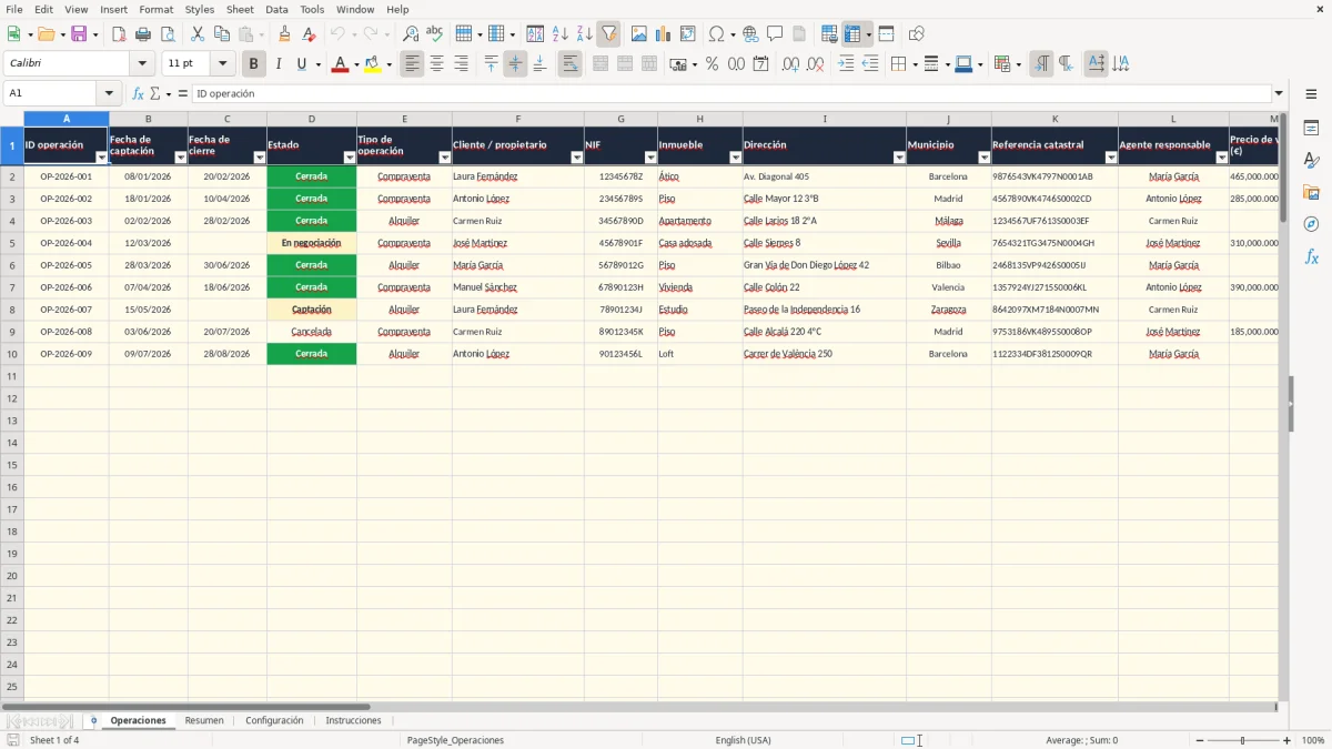 Captura 1: pestaña Operaciones - Plantilla Excel control de honorarios de intermediación inmobiliaria excel