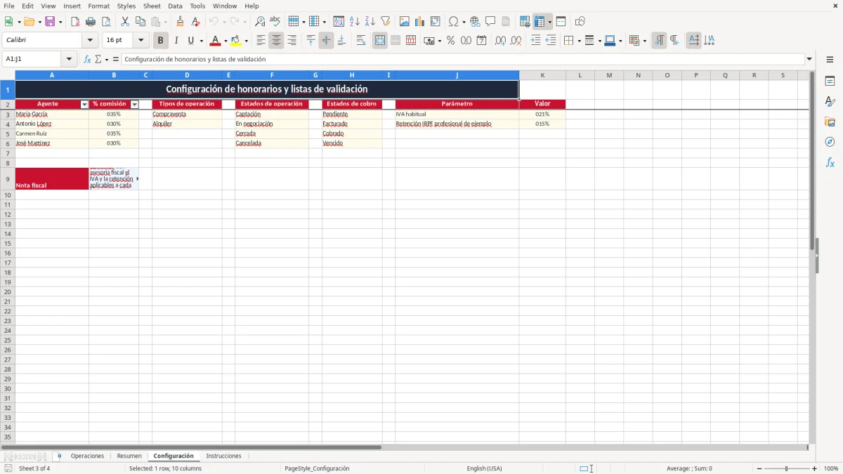 Captura 3: pestaña Configuración - Plantilla Excel control de honorarios de intermediación inmobiliaria excel
