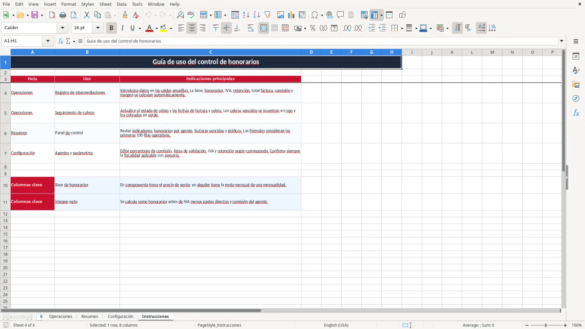 Captura 4: pestaña Instrucciones - Plantilla Excel control de honorarios de intermediación inmobiliaria excel