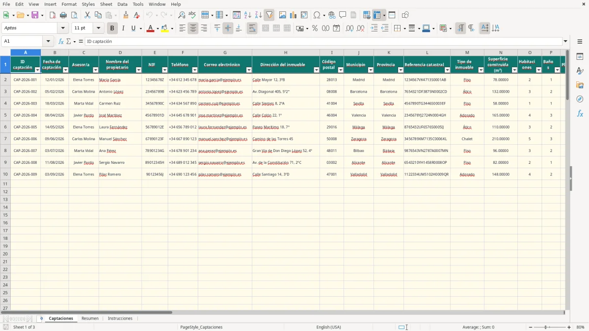 Captura 1: pestaña Captaciones - Plantilla Excel ficha de captación de vivienda para venta excel