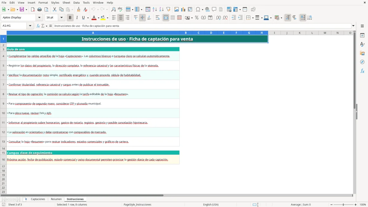 Captura 3: pestaña Instrucciones - Plantilla Excel ficha de captación de vivienda para venta excel