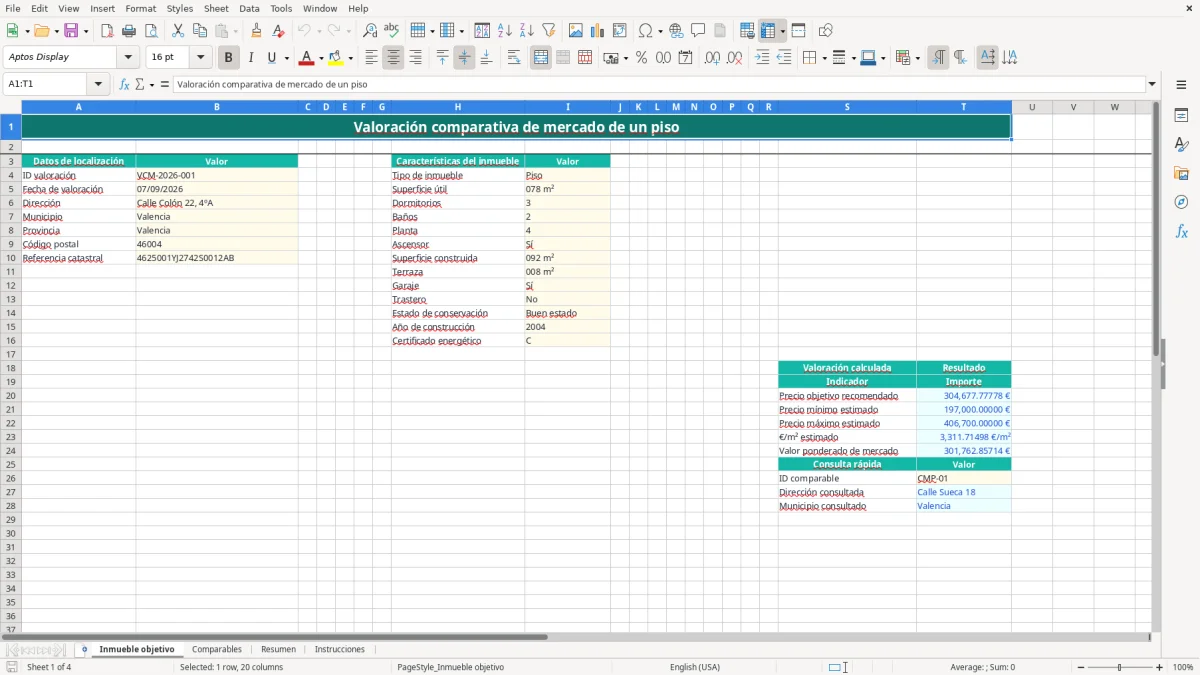 Captura 1: pestaña Inmueble objetivo - Plantilla Excel valoración comparativa de mercado de un piso excel
