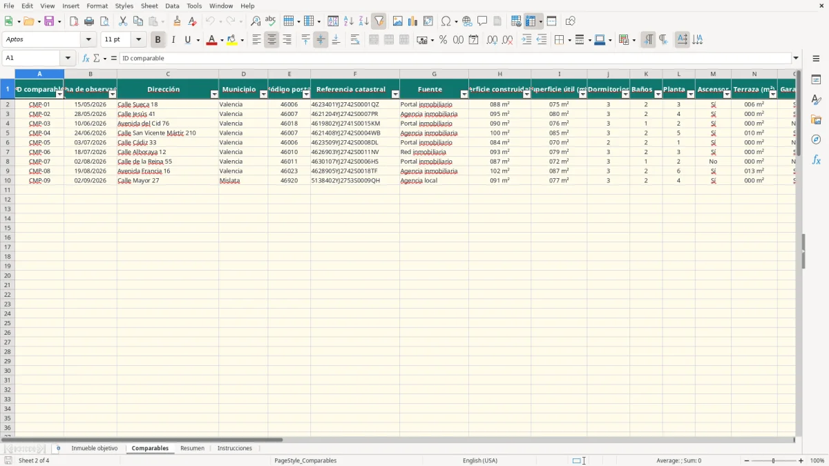 Captura 2: pestaña Comparables - Plantilla Excel valoración comparativa de mercado de un piso excel