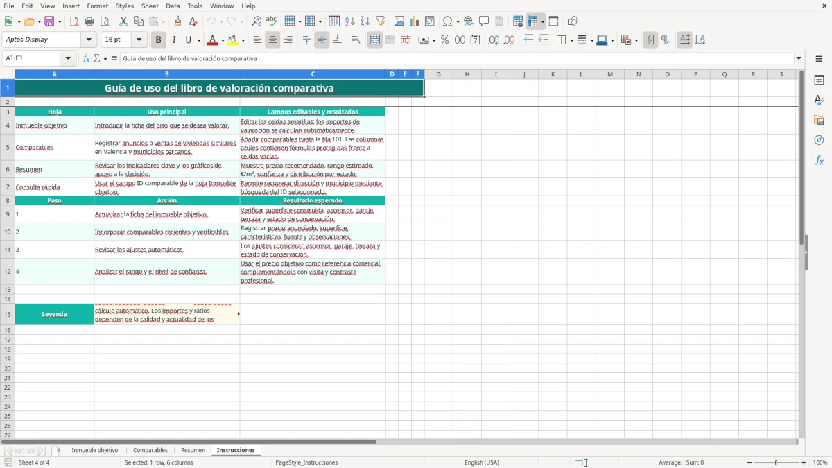 Captura 4: pestaña Instrucciones - Plantilla Excel valoración comparativa de mercado de un piso excel